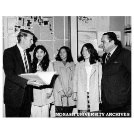 Professor Donald Cochrane with visitors for a Malaysian politics seminar, from left: Rogayah Ismail, The Zawahir, Sally Chan, and Malaysian High Commissioner Tan Sri Dato Faud Stephens