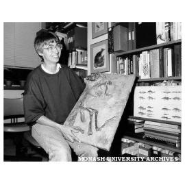 Palaeontologist Dr Pat Vickers-Rich with cast of hypsilophodent skeleton