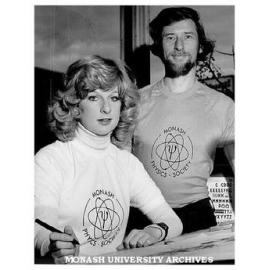 Fred Smith and Sue Aylward in Monash Physics Society T-shirts