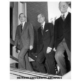 HRH Prince Philip, Duke of Edinburgh, on steps of Robert Blackwood Hall, with Vice-Chancellor Professor Ray Martin (left) and Chancellor Sir George Lush