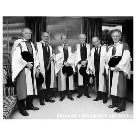 Silver Jubilee Graduation ceremony visitors. Bishop Peter Hollingworth (left); Mr H. M. McKenzie; Prince Philip, Duke of Edinburgh; Sir John Young; Emeritus Professor Sir Edward Hughes; and Sir James McNeill after the ceremony