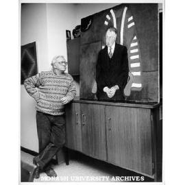 Artist Clifton Pugh with portrait of Sir George Lush