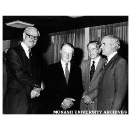 From left, Governor of Victoria Sir Rohan Delacombe, Chancellor Sir George Lush, Vice-Chancellor Professor Ray Martin, unknown.