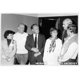 Staff Association delegates with members of Australian Universities Council. From left: Alba Romana, unidentified man, Noel Dunbar (AUC), Jenny Strauss, Martin Sullivan (and unidentified person)