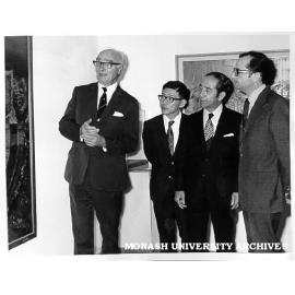 Japanese Cultural Mission visiting Exhibition Gallery. From left: Vice-Chancellor Dr Matheson, Consul General for Japan in Melbourne, Mr W. Miyakawa, mission leader, Mr Toshio Kimura, and Professor J. V. Neustupny