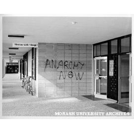 Graffiti on wall of Union Shop - 'Anarchy Now'