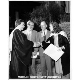 Law graduates Mr John Cain Jr. (left); the Victorian Premier, Mr John Cain; the Leader of the Opposition, Mr Lindsay Thompson; and his daughter-in-law, Ms Theana Thompson