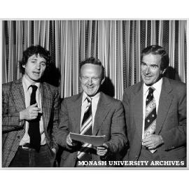 Senator John Button (centre), Professor Ray Martin (right) and Staff Association President Dr Peter Darvall, after address on future of tertiary education and role of universities in society