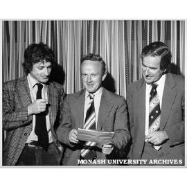 Senator John Button (centre), Professor Ray Martin (right) and Staff Association President Dr Peter Darvall, after address on future of tertiary education and role of universities in society