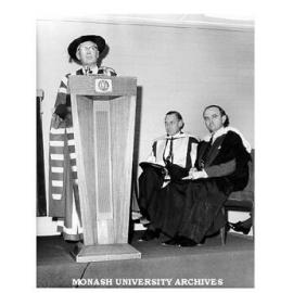Sir Robert Blackwood opening David Derham School of Law. Professors David Derham and Louis Waller at right