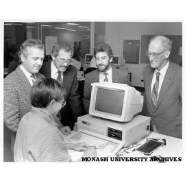 Opening of Centre for Biomedical Simulation. Medical student Hien Huyuh (foreground) and from left: Dr Brian Chapman, Dr Mailen Kootsey, Mr Bob Cattell (Hewlett Packard) and Professor Graeme Schofield, Dean of Medicine