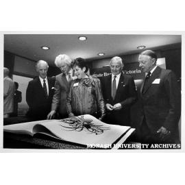 Launch of Volume 2 of 'The Banksias', from left: Mr J. Arnold Hancock, Chairman of the State Bank; Alex George (author); Celia Rosser (artist); Dr Davis McCaughey, and Chancellor Sir George Lush