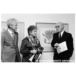 Alex George (left), Celia Rosser and Sir Louis Matheson at opening of exhibition of Rosser's watercolours
