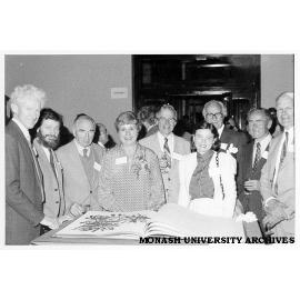 State Library launch of Volume 1 of 'The Banksias', from left: Alex George, Dr George Scott, Emeritus Professor John Turner, Celia Rosser, Professor Ray Martin, Lee White, Sir Louis Matheson, Neil Rosser, and Professor Martin Canny