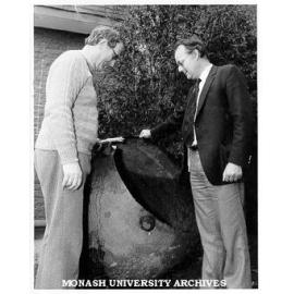 Dr Glen Deacon (left) and Dr Bruce Coller with amalgamation barrel from Victorian goldmine