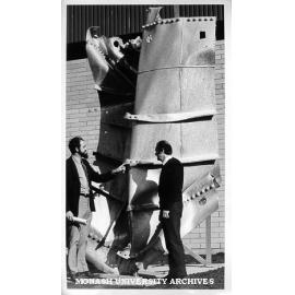 Professor Noel Murray (left) and lab manager Bob Runge with Westgate 'sculpture'