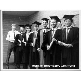 Prize winning graduates, Andrew Western (left), Chieng Lee Hong, Kevin Hellier, Michael Shaw, Professor Eric Laurenson, Jonathan Shmerling and Phillip Yap