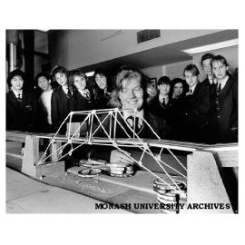Susan James, winner of high school spaghetti bridge competition, with fellow Firbank students