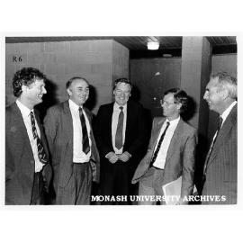 Launch of Chair in Public Sector Management. Unidentified man (left),Professor Allan Fels, Professor Mal Logan, Mr Rob Jolly, and Professor Gus Sinclair.