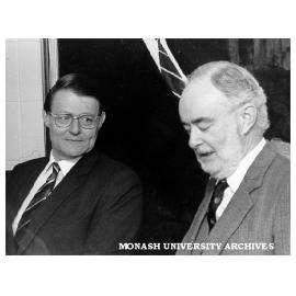 Mr Bruce Teele (left) and Professor John McCarty, at presentation by Mr Teele of J. B. Were and Sons records.