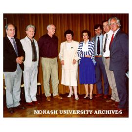 Victorian Minister for Education, Joan Kirner with Faculty of Education staff. Alan Gregory (left), John Hunt, Martin Sullivan, Mrs Kirner, Gilah Leder, John Baird, Jeff Northfield and Professor Peter Fensham