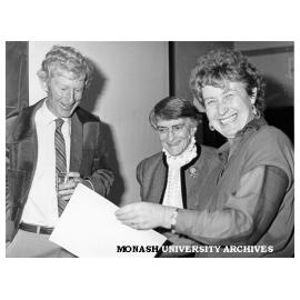 Jim McLennan (left, of Swinburne), Dr Mary Nixon and Janet Blainey