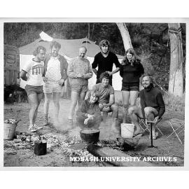 Earth Sciences staff on field trip in McDonell Ranges. Jeff Windsor (left), Ron Newman, Professor Bruce Hobbs, Geoff Hobbs (squatting), John Fitzgerald (sitting), Lyall Offe, Joyce Wilkie, and Volker Hirsinger