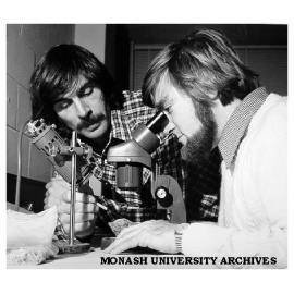 Student Rob Mosig (left) with supervisor Dr Ian Nicholls looking at samples