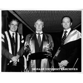 Sir John Holland (centre) after award of honorary Doctor of Engineering, with Vice-Chancellor Professor Ray Martin (left) and Dean of Engineering Professor Lance Endersbee