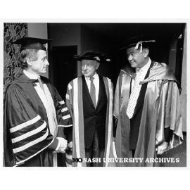 Mr Richard Pratt (right), after award of honorary Doctor of Engineering, with Dean of Engineering Professor Peter Darvall (left) and Chancellor Sir George Lush