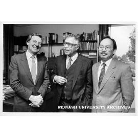 Pro-Vice-Chancellor Mal Logan (left) with Dr Mustapha Tolba, Director General of United Nations Environmental Plan and Dr Nay Htun, Director of UNEP regional office in Bangkok
