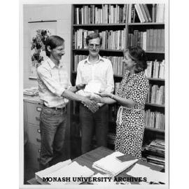 Professor Clive Probyn (left) and Timothy Brown presenting Arthur Brown Memorial Prize to Mrs Angela Kirsner