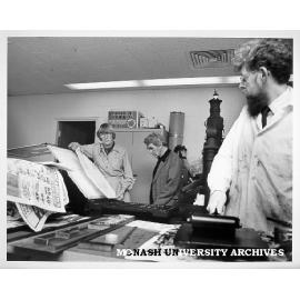 Professor Jean Whyte, Emeritus Professor Hector Monro and Dr Brian McMullin (right) with Albion press