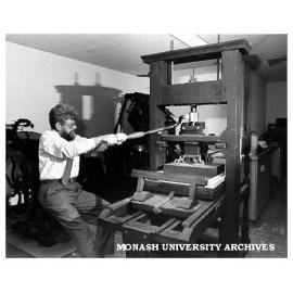 Dr Brian McMullin with Franklin handpress