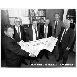Presentation of cheques to Monash Law Foundation. from left: David Bruce, National Bank; Geoff Kimpton, Westpac; Vice-Chancellor Professor Mal Logan; Dean of Law, Professor Bob Williams; Geoff Mumford, Westpac; Peter Shepard, State Bank