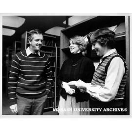 Marilyn Pittard, Vice-President of Monash Law Alumni (centre), presenting cheque to Law Library assistant Brenda Stampe, Associate Dean Professor Bob Williams at left
