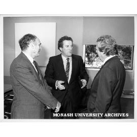 Canadian Consul Mr Graham Rush (centre) with Professor Mal Logan (right) and Professor Alan Fels at reception to mark award of Canada-Australia Bicentennial Institutional Research Award to Monash team