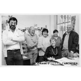 History department 'old-timers', from left: Tony Wood, John Morgan, Val Edens, Marian Aveling, Leslie Fleming, and front, retiring administrator Mary Spriggs