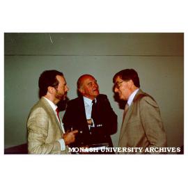 George Fairfax (centre), manager of Victorian Arts Centre, with Monash historian John Rickard (left) and Neil Ryan of Longman Cheshire at the launch of Rickard's book 'Australia: a Cultural History'