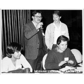 Donna D'costa (front left) and Lesley Rogers taking names at first meeting of Geography alumni. Ian Clark (back left) and Ken Bolch looking on