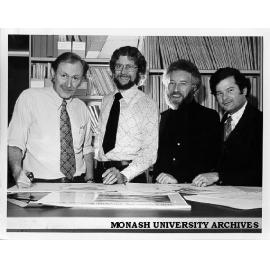 Geography department staff, from left: Jack Missen, Gary Swinton, Geoff Robinson, and Herve Alleaume