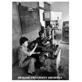 Indonesian technicians in university workshop, part of International Development Program of Australian Universities and Colleges