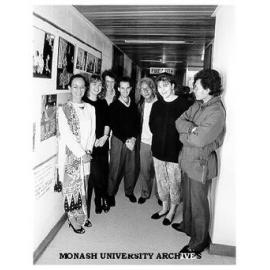 Visitors to department of Indonesian and Malay, actress Tuti Indra Malaon (left), film maker Teguh Karya (third from right) Ari Batubara (right), accompanying journalist, with third year students Polly Croke, Jeanette Button, Brett Hou