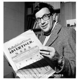 Associate Professor Michael Clyne with 'The English and Chinese Advertiser' published 1857