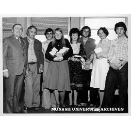 Goethe Prize winner Karin Goers (centre) with from left: Consul General for Germany, Dr F. J. Kroneck, visiting Swiss writer, Mr Peter Bichsel, best second year student Nicholas Carter and other prize winners