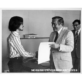 Michael Dargaville receiving Goethe Prize from Consul General of Germany Dr F. Kroneck