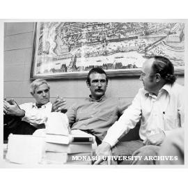 Visiting Austrian writer, Michael Scharang (centre) with Professor Leslie Bodi (left) and Dr Philip Thomson