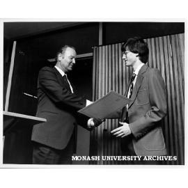 Consul General of Germany, Dr Karl-Heinz Scholtyssek presenting Goethe Prize to Michael Kertesz