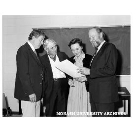 Goethe Prize winner Vicki Perring, with from left: Professor David Bradley, department of English; Professor Leslie Bodi; and Consul General of Germany Dr Karl-Heinz Scholtyssek