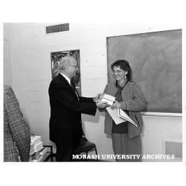 Judy Lachele receiving Goethe Prize from German Vice-Consul, Mr Hans Mullers